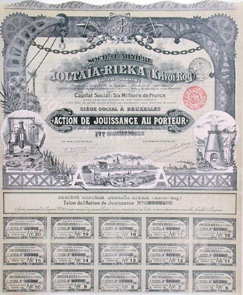 Certificado de acciones de la compañía minera franco-rusa 