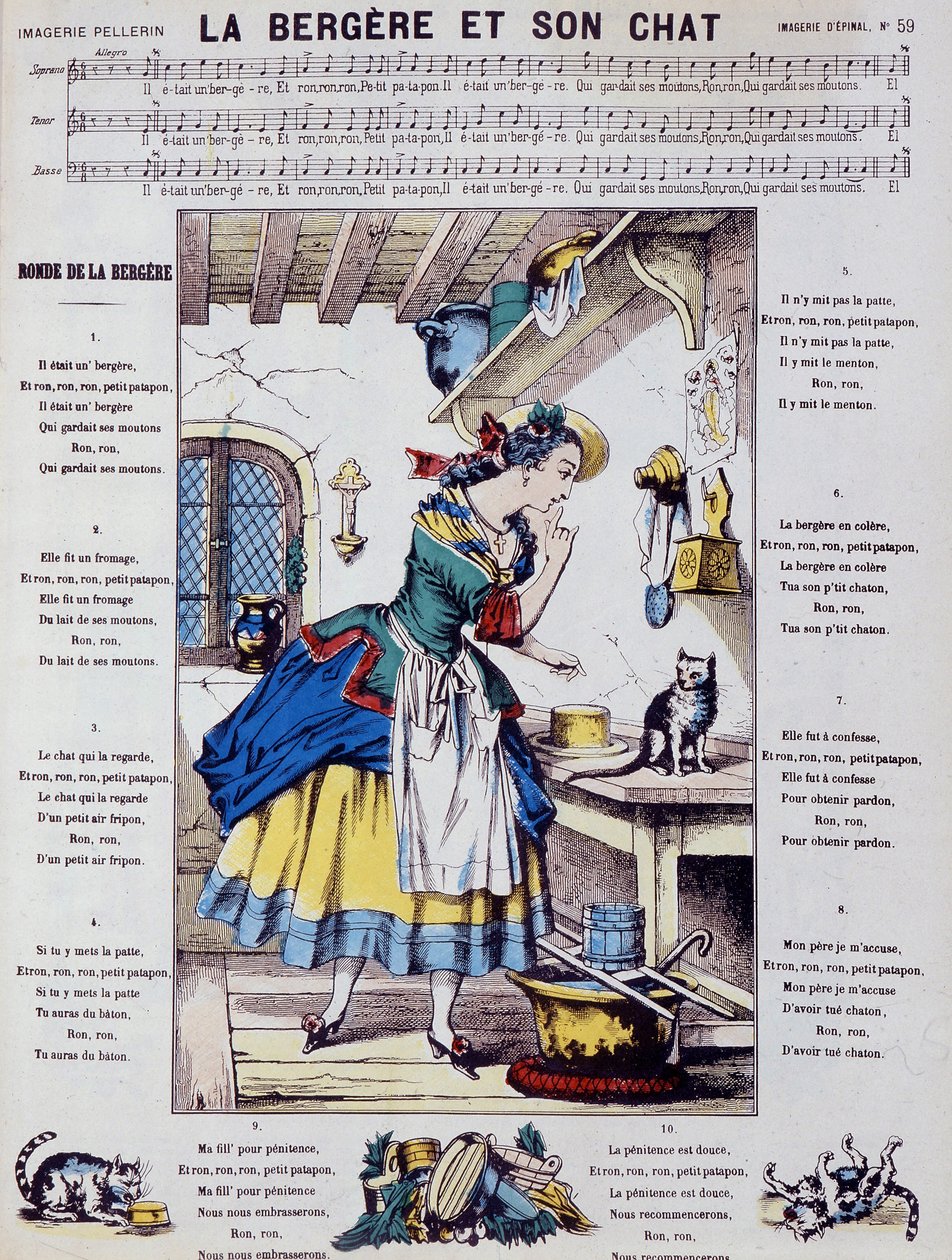 Partitura de canción popular: la bergère et son chat - imagen de Epinal de French School
