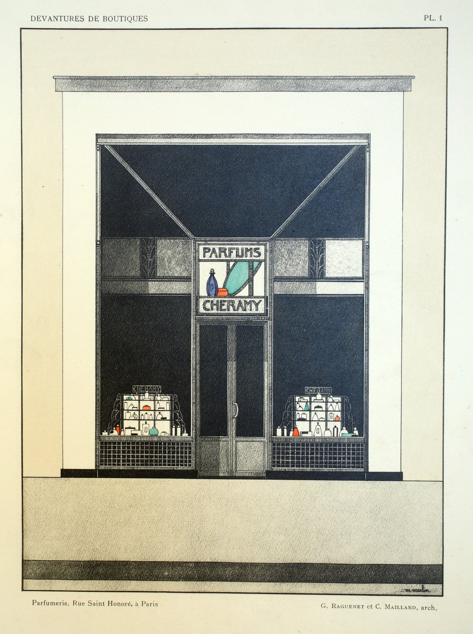 Frente de tienda, Placa 1, ilustración de Devantures de Boutiques por Louis-Pierre Sezille, París, 1927 de French School