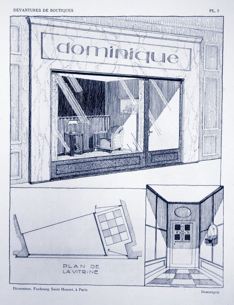 Frente de tienda, placa 2, ilustración de Devantures de Boutiques por Louis-Pierre Sezille, París, 1927 de French School