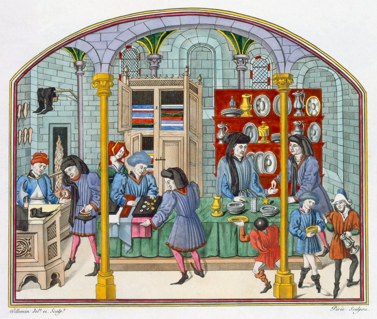 Tiendas bajo un mercado cubierto, después de una miniatura en una traducción del siglo XIV de Ética y Política de Aristóteles por Nicolas Oresme de French School