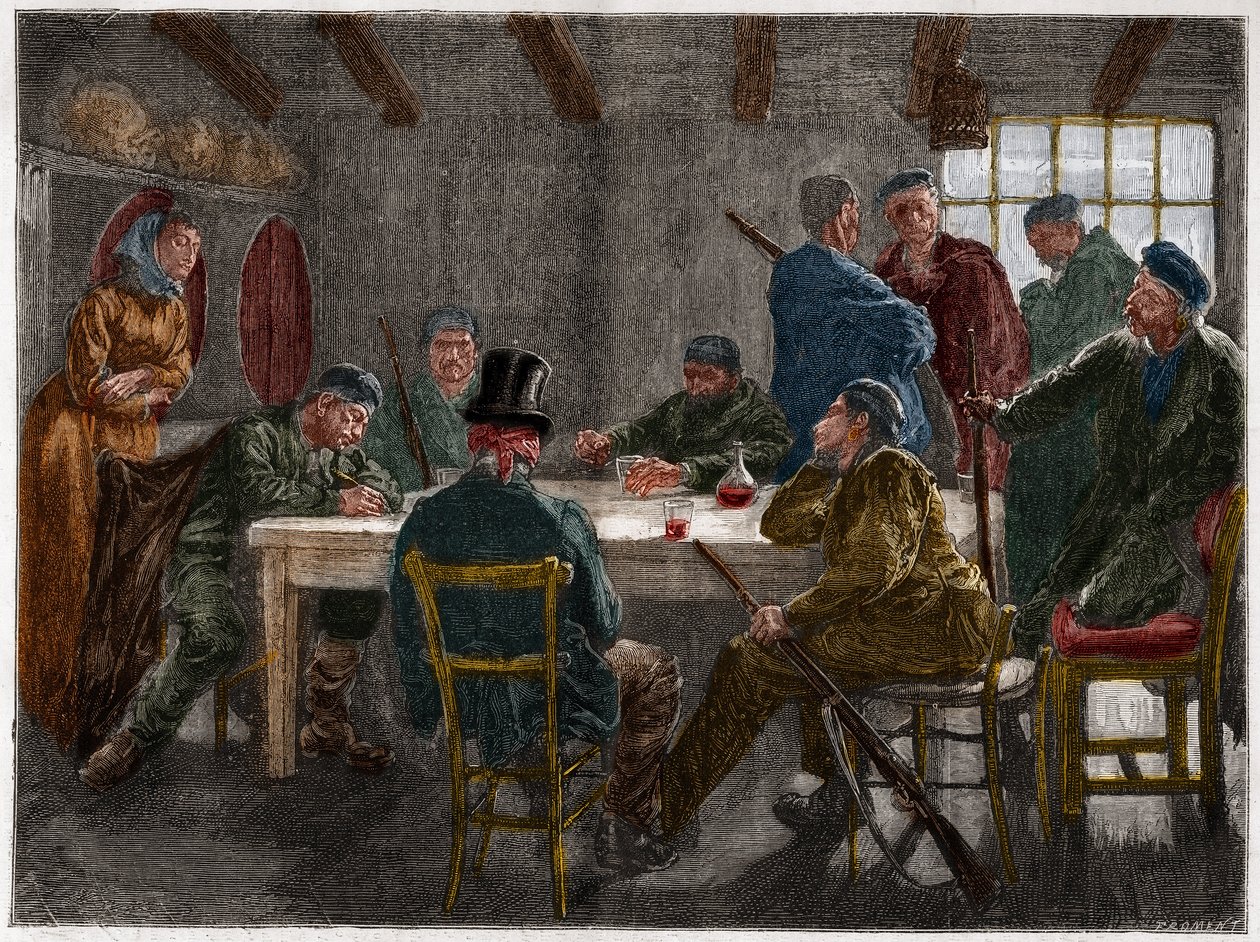 Mafia siciliana en el siglo XIX: Interrogatorio de un terrateniente abrogado por mafiosos sicilianos en 1873. Grabado de 1873 de French School