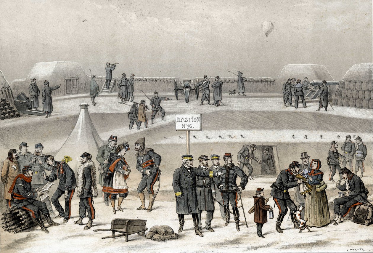 Sitio de París en 1870 durante la guerra de 1870-1871. Los soldados preparan la defensa de la ciudad: se puede ver a un soldado en el búnker. de French School