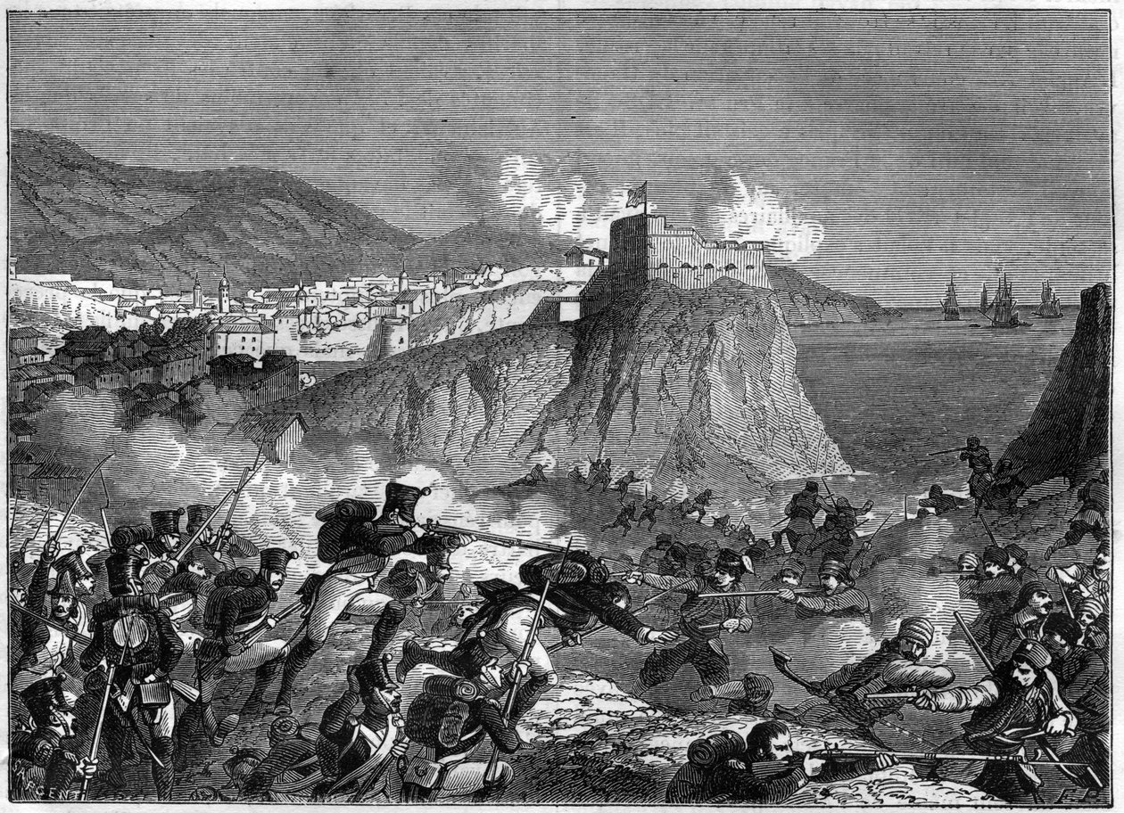 Sitio de Ragusa (República de Ragusa) (Ragusa en croata Dubrovnik) durante las Guerras Napoleónicas en mayo y junio de 1806 (campaña de Dalmacia por el General Molitor y Lauriston) - en “History of the empire following the history of the consulate” de Adol de French School