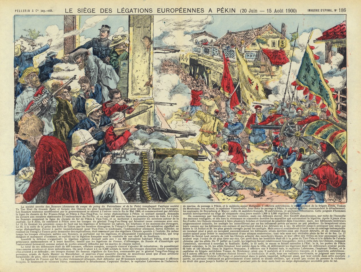 Asedio de las legaciones europeas en Pekín, Rebelión de los Bóxers, China, 20 de junio - 15 de agosto de 1900 (litografía en color) de French School