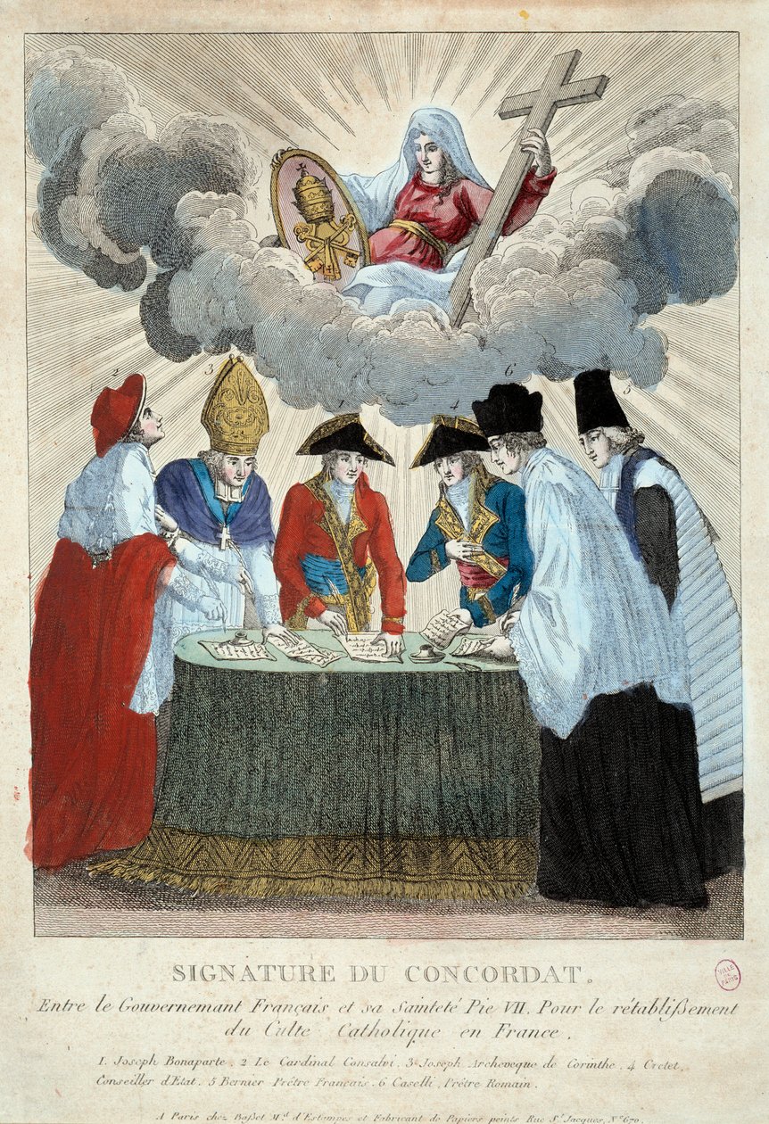 Firma del Concordato de 1801 el 15/07/1801: se firma entre el gobierno francés (aquí representado por Joseph Bonaparte) y la Santa Sede (representada por el Cardenal Consalvi para el Papa Pío VII). 1801 París, Museo Carnavalet de French School
