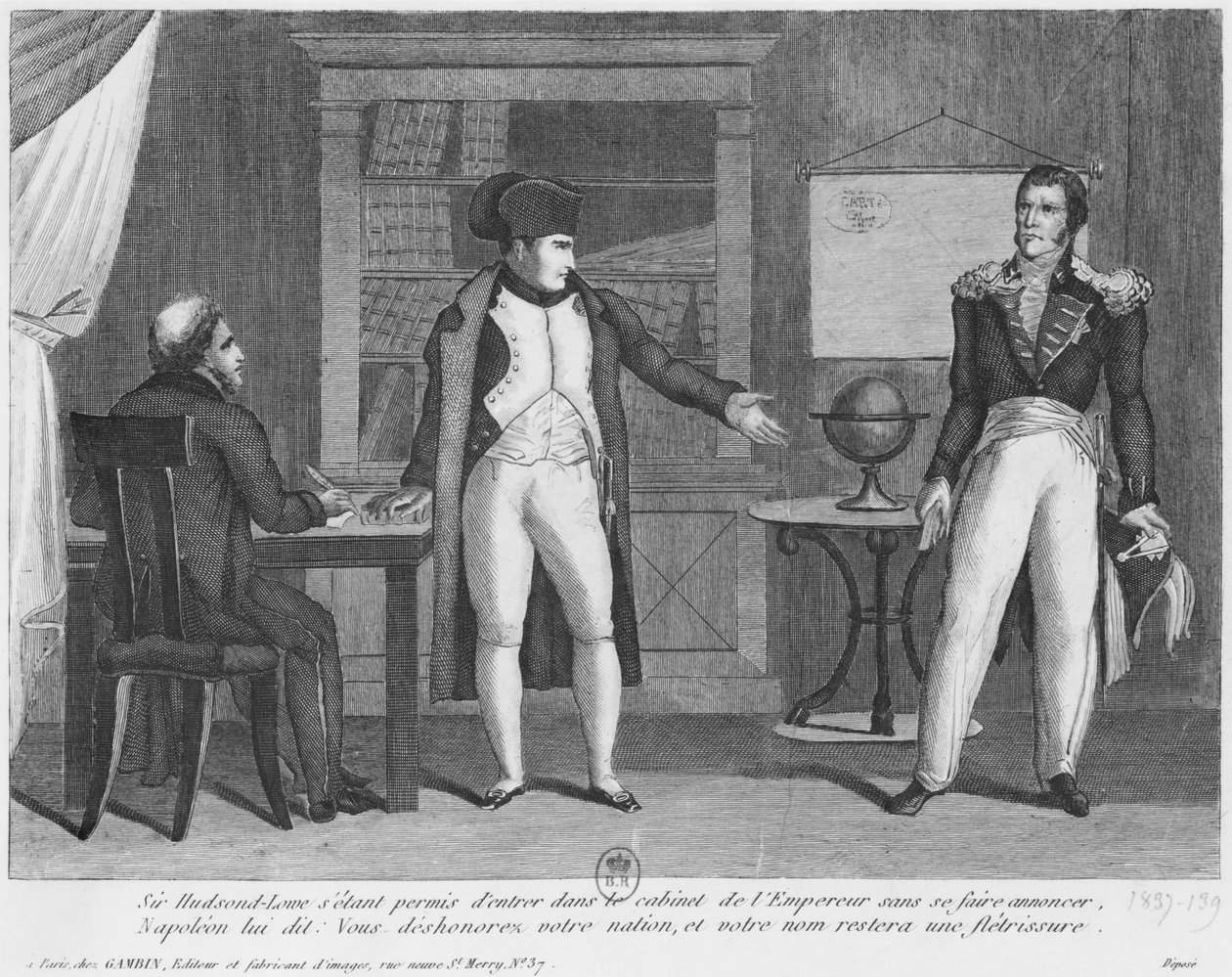 Sir Hudson Lowe entrando en el estudio de Napoleón I (1769-1821) en la isla de Santa Elena sin anunciarse de French School