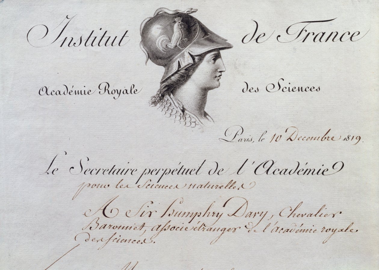 Certificado de Membresía de Sir Humphry Davy (1778-1829) al Institut de France, 10 de diciembre de 1819 de French School
