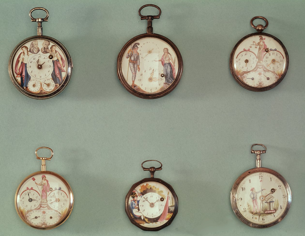Seis relojes de bolsillo decorados con símbolos revolucionarios (metal y esmalte) de French School
