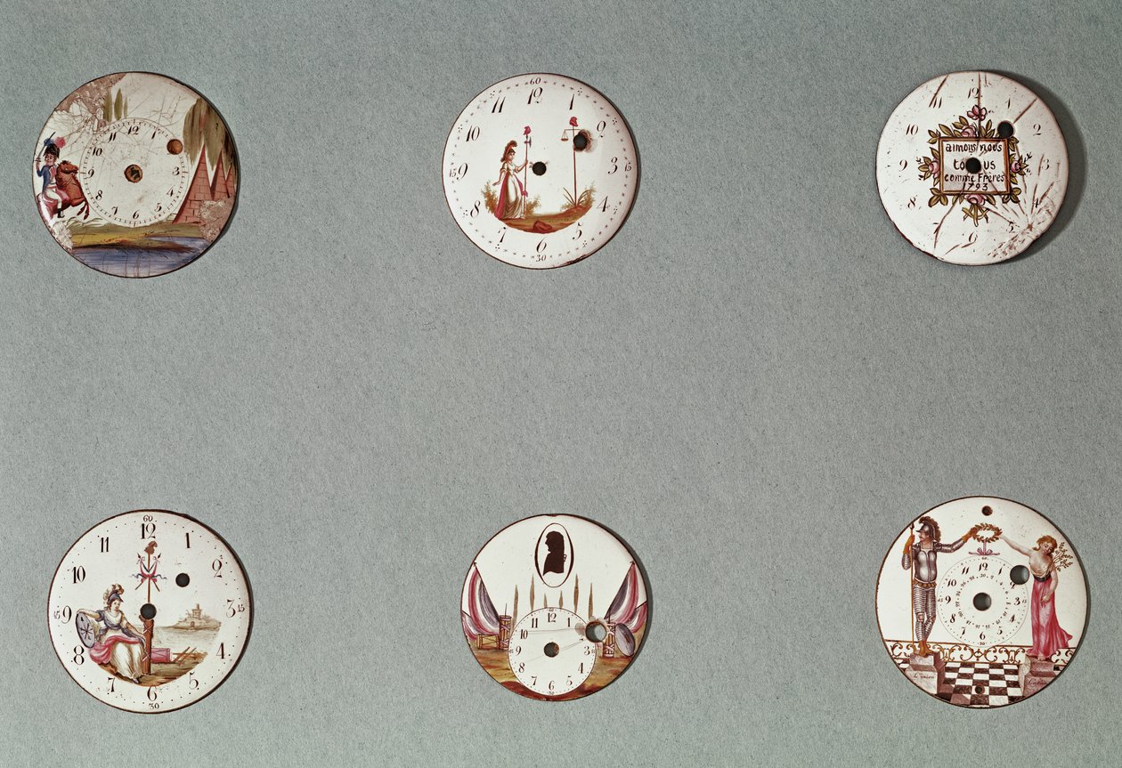 Seis relojes de bolsillo decorados con símbolos revolucionarios (metal y esmalte) de French School