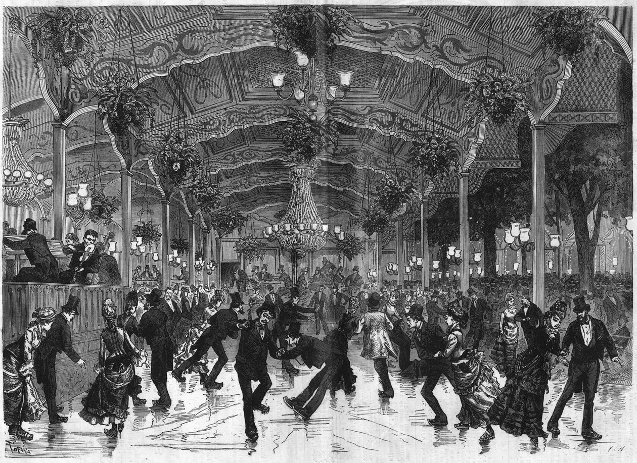 Pista de patinaje en Bullier. Pista para bailar en patines en Bal Bullier en París. Grabado en "El Universo Ilustre" de French School