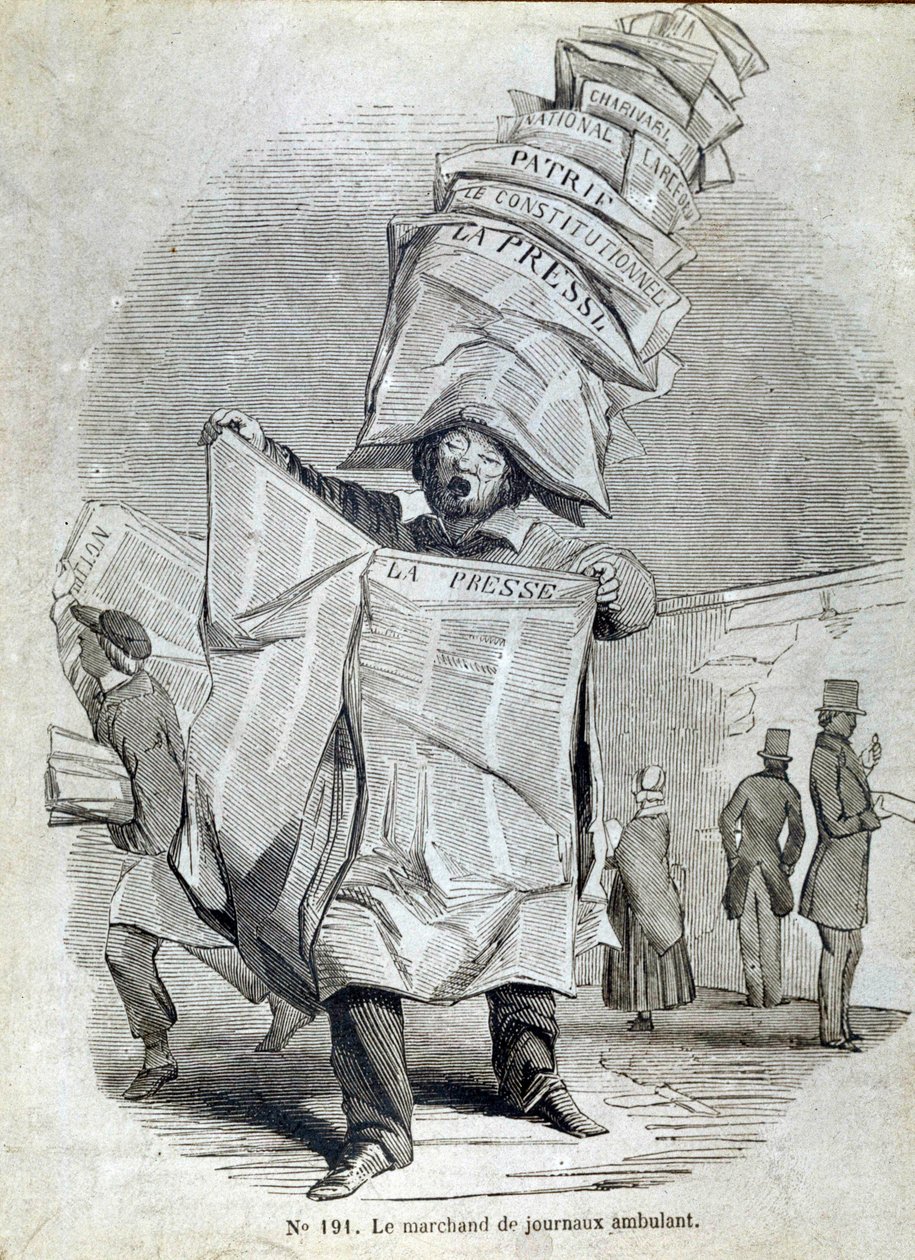 Pequeño oficio parisino: el vendedor o pregonero de periódicos ambulantes. de French School