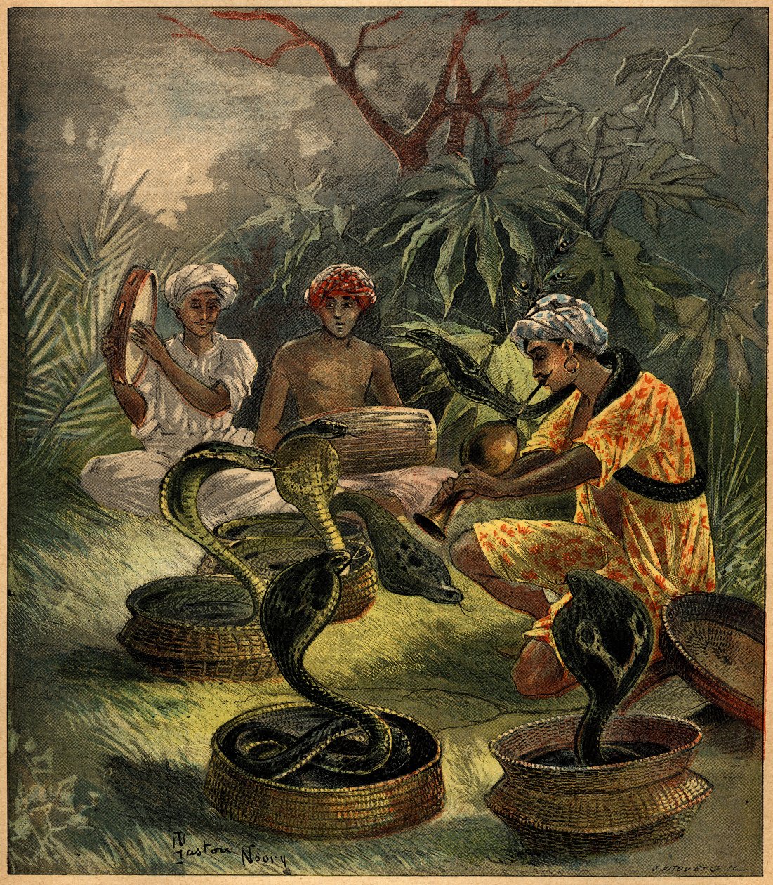 Encantadores de serpientes (cobras) en India. Grabado en “La Terre Illustrée” n°94 del 18 de agosto de 1892. de French School