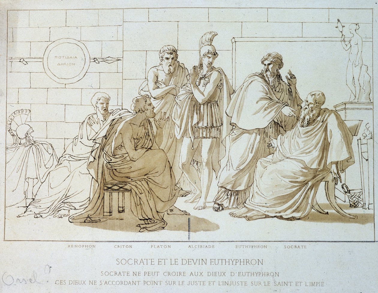 Sócrates y el soother Euthyphron: Sócrates no puede creer en los dioses de Eutifrón, estos dioses no se ponen de acuerdo sobre lo justo y lo injusto sobre lo santo y lo impío. Representación de Jenofonte, Critón, Platón, Alcibíades, Eutifrón y Sócrates. de French School