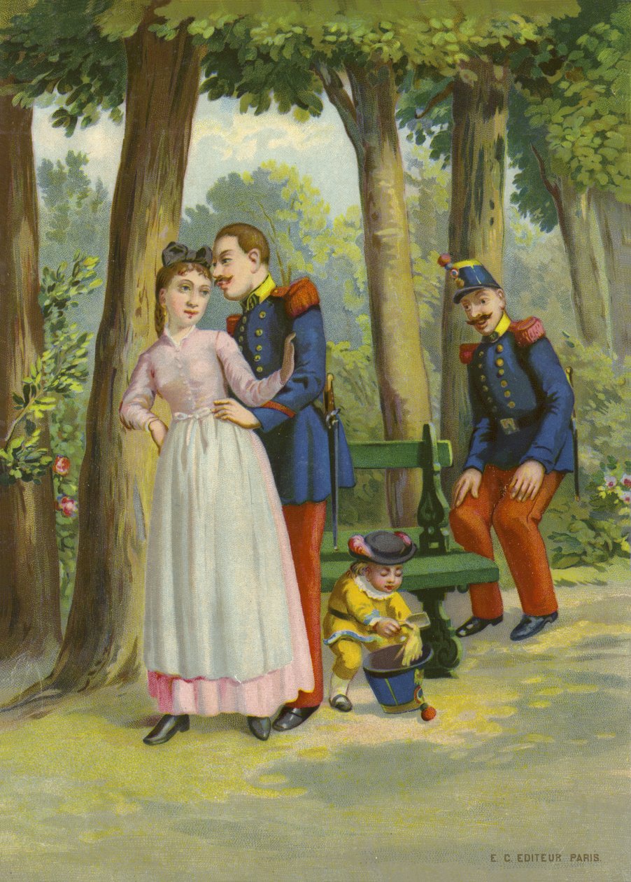 Soldado insinuándose a criada en parque (cromolito) de French School
