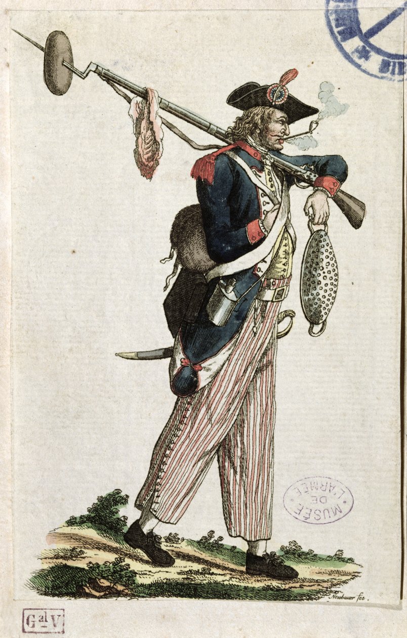 Soldado de la Revolución Francesa llevando una bayoneta a la que está atado un pan y un trozo de carne: L