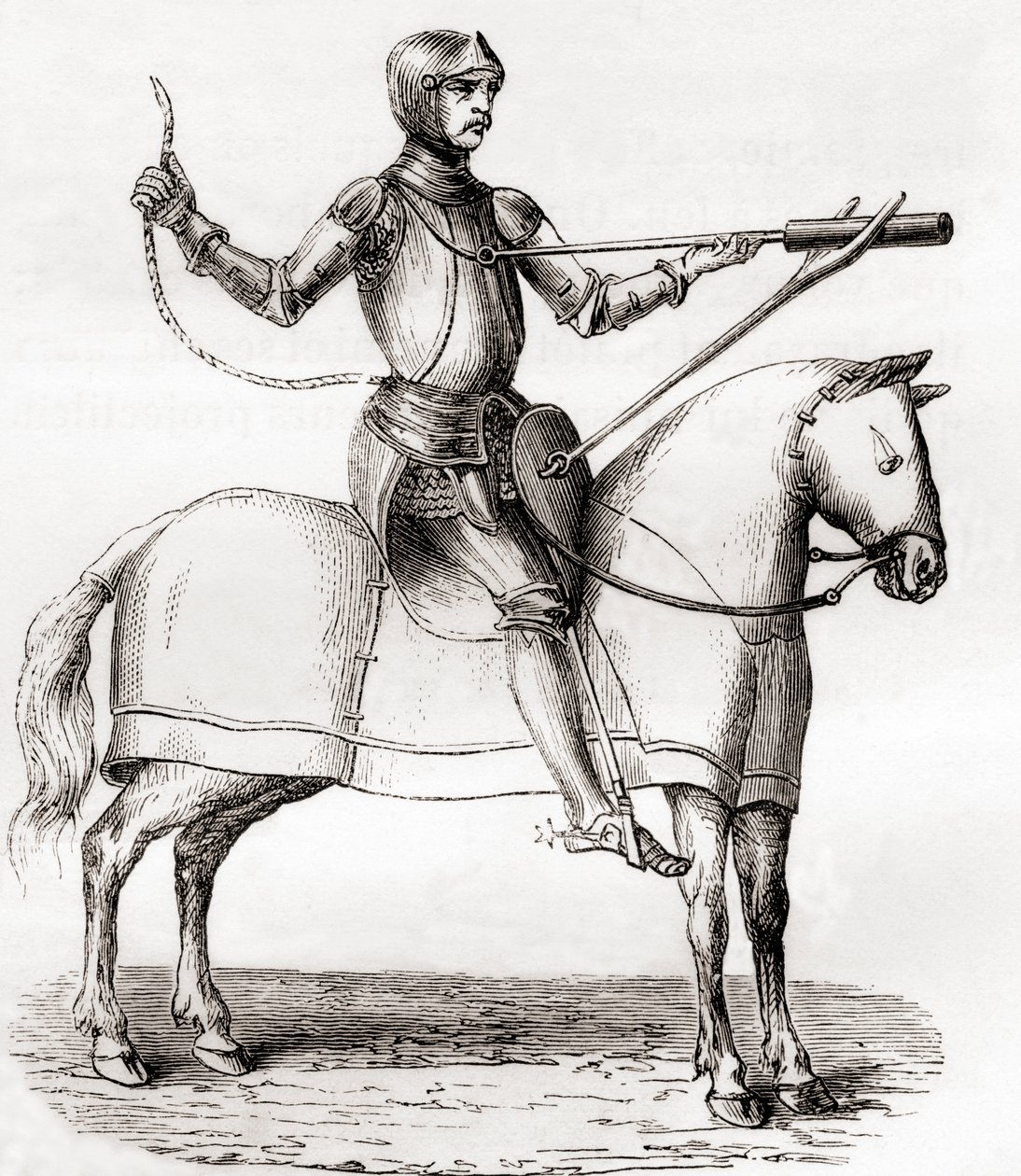 Soldado a caballo usando una bombardera de mano, finales del siglo XIV y principios del siglo XV, según un dibujo del manuscrito de Marianus Jacobus, de Les Merveilles de la Science, publicado c.1870 (grabado) de French School