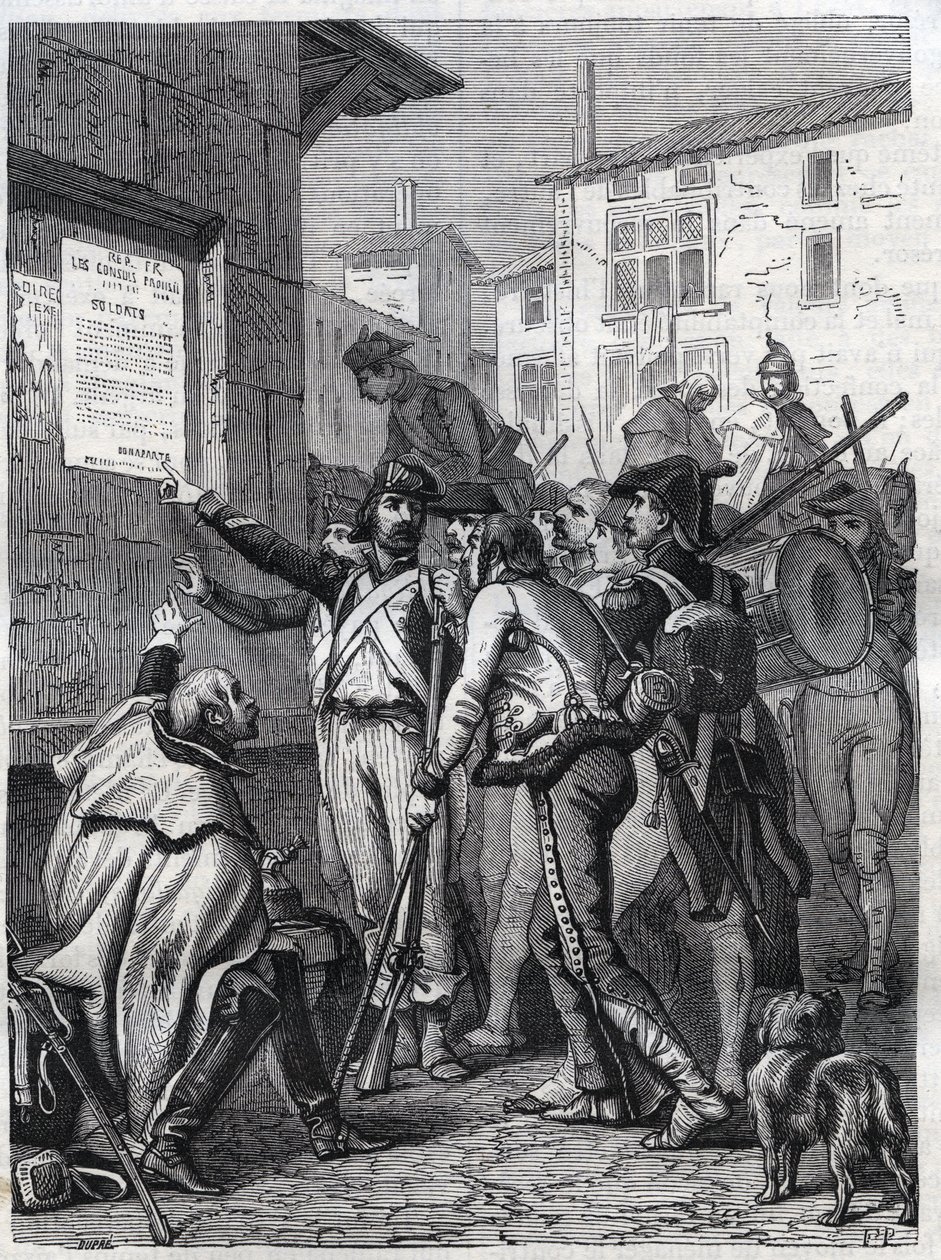 Soldados, vuestras necesidades son grandes: soldados franceses leyendo la proclamación del General Bonaparte en noviembre de 1799 - Grabado de 1865 en Histoire du Consulat et de l