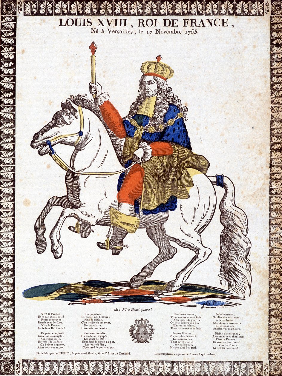 Canción en honor al rey de Francia Luis XVIII, ilustrada con un retrato ecuestre del rey (grabado) de French School