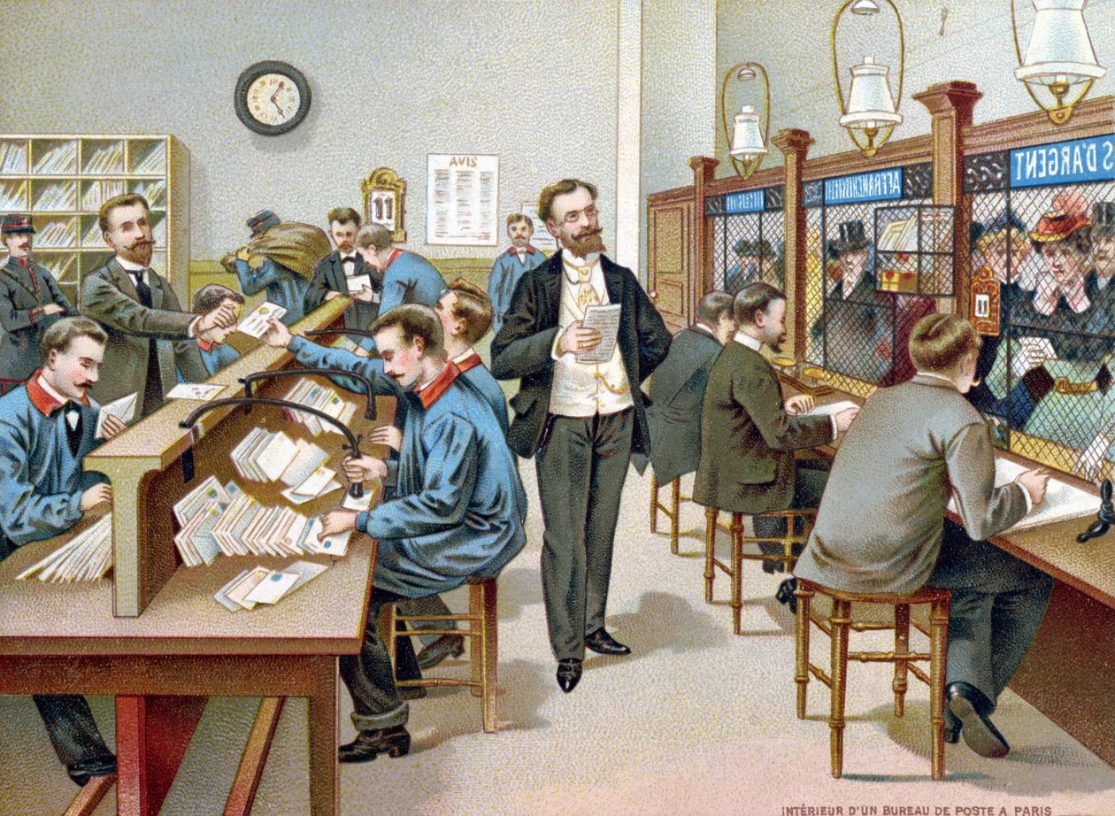 Clasificación del correo en una oficina de correos parisina, ilustración de un calendario de correos, 1904 de French School
