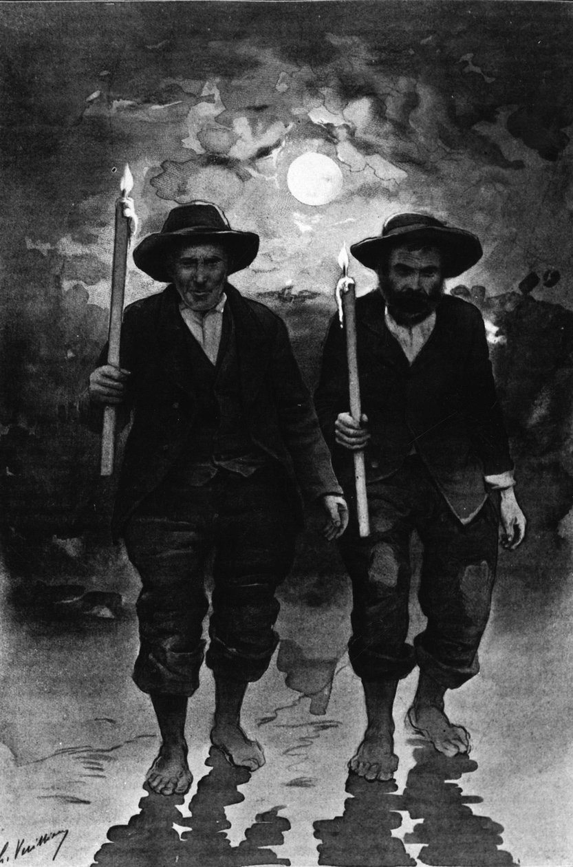 Fuente y enfermo: dos hombres, una noche de luna llena, cada uno sosteniendo una vela y caminando descalzos (¿procesión?) - en “Journal des voyages” de French School