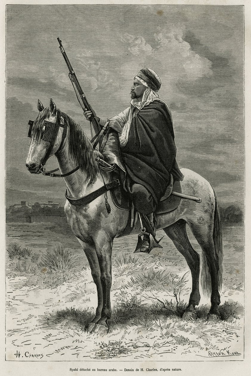 Spahi, jinete eficiente y temido que contribuye a la conquista de Argelia, al servicio de Francia, destacado en la oficina árabe, grabado según un dibujo de H.Charles, para ilustrar la historia Tebessa y sus monumentos (Argelia), por A. Heron de Villefosse de French School
