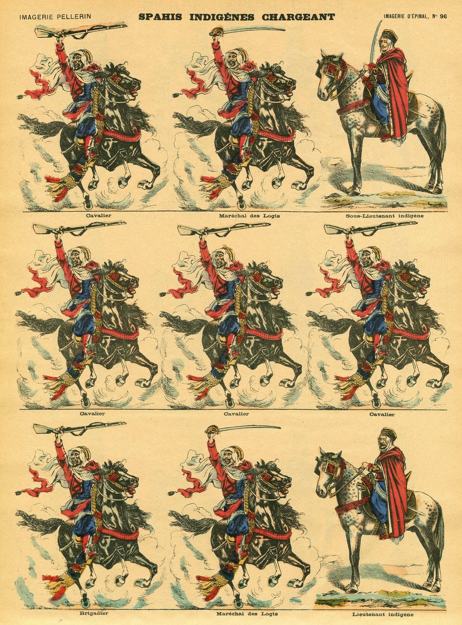Spahis indigenes loading, durante la conquista de Argelia por Francia. Imágenes de Epinal de French School