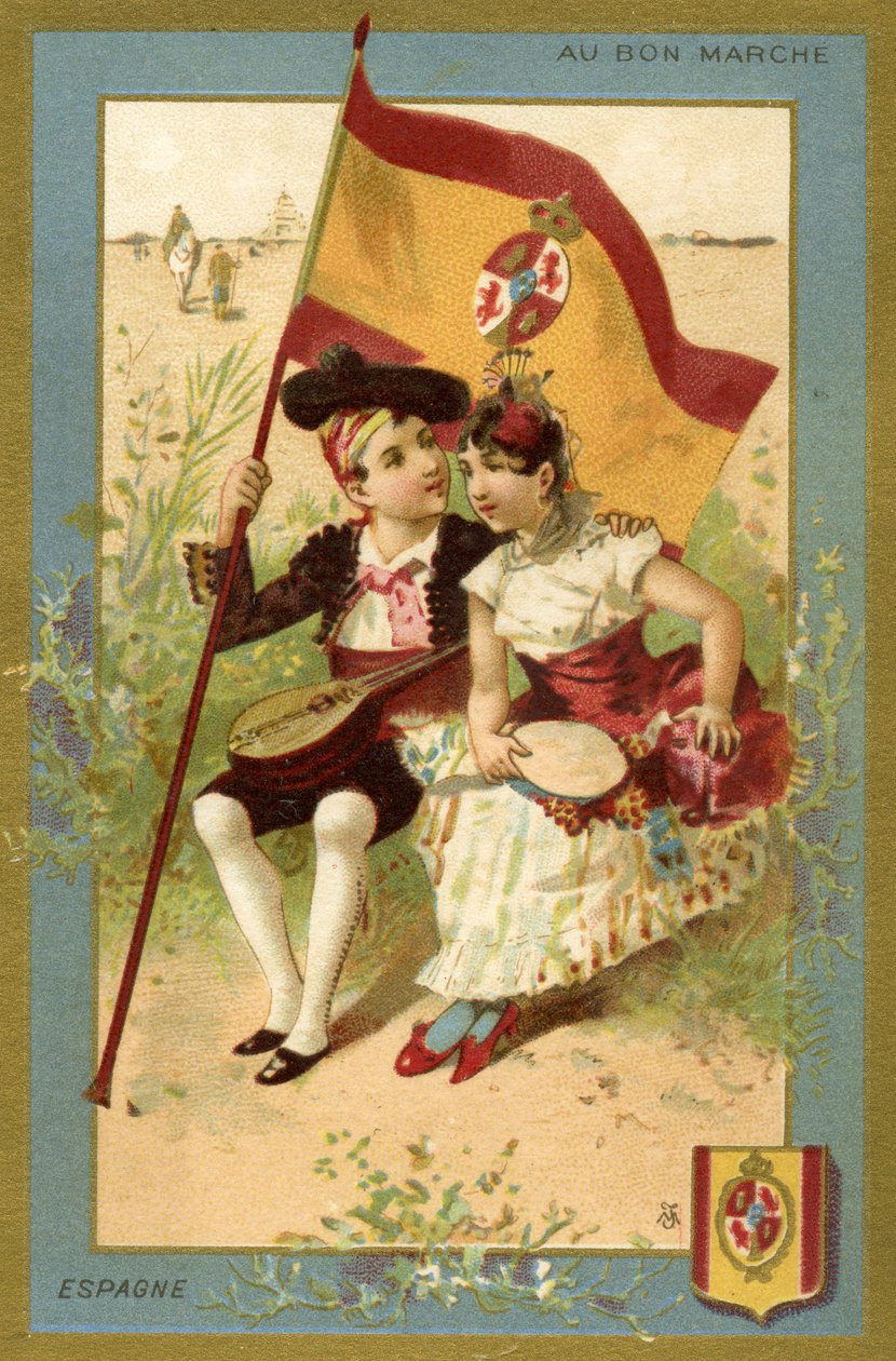 Niño y niña españoles, de una serie de ilustraciones de niños de diferentes países, producidas como tarjetas promocionales para los Grandes Almacenes Bon Marché en París, c.1890 de French School