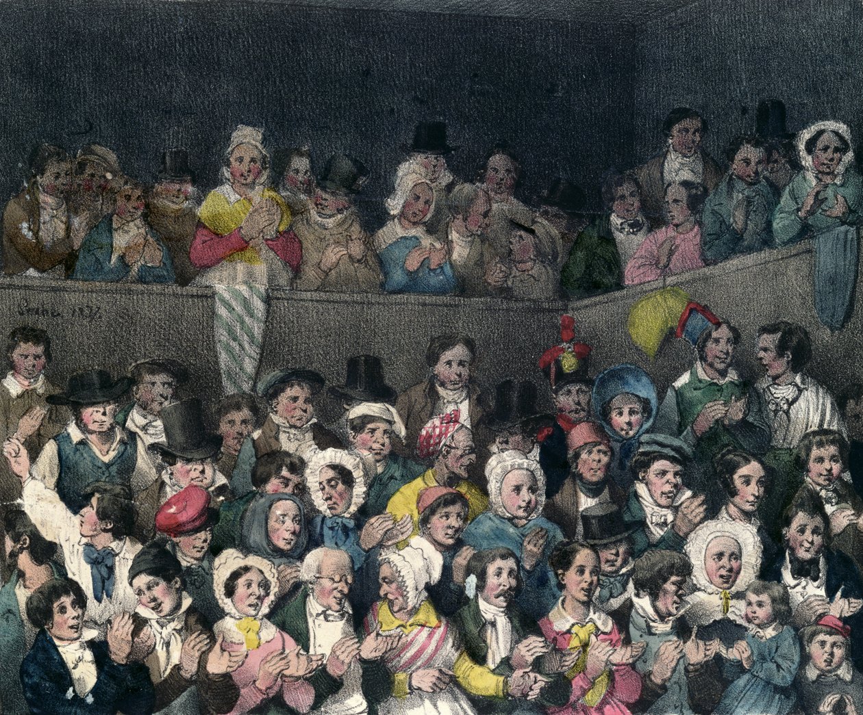 Espectadores aplaudiendo en el teatro, grabado por Benard y Frey, 1837 de French School