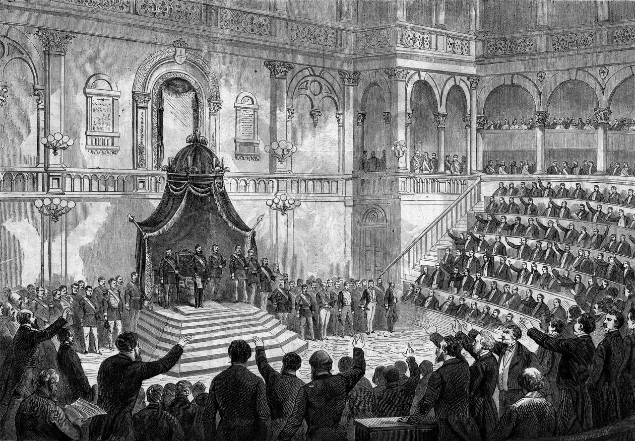 Discurso del Rey de Italia Víctor Manuel II (Vittorio Emanuele) (1820-1878) en la apertura de la sesión de los estados italianos en el parlamento de Turín de French School