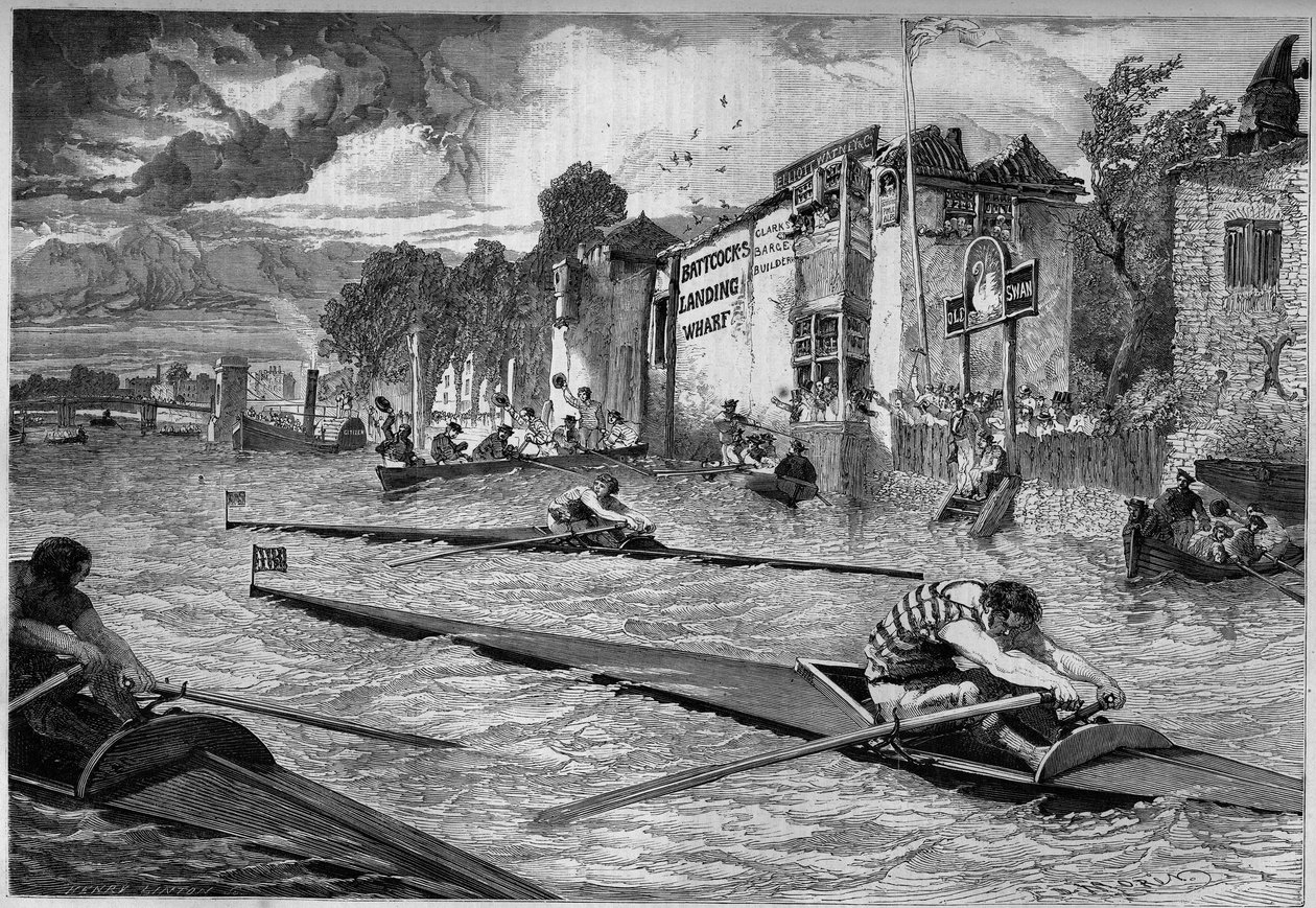 Competencia deportiva: carrera de canoas (outrigger) en el Támesis. Inglaterra de French School