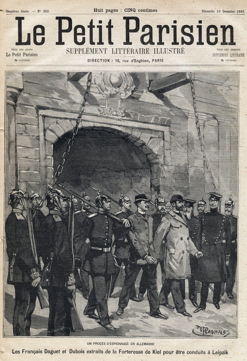Juicio de espías en Alemania: los franceses Daguet y Dubois llevados de la fortaleza de Kiel a Leipzig. Uno del periódico 