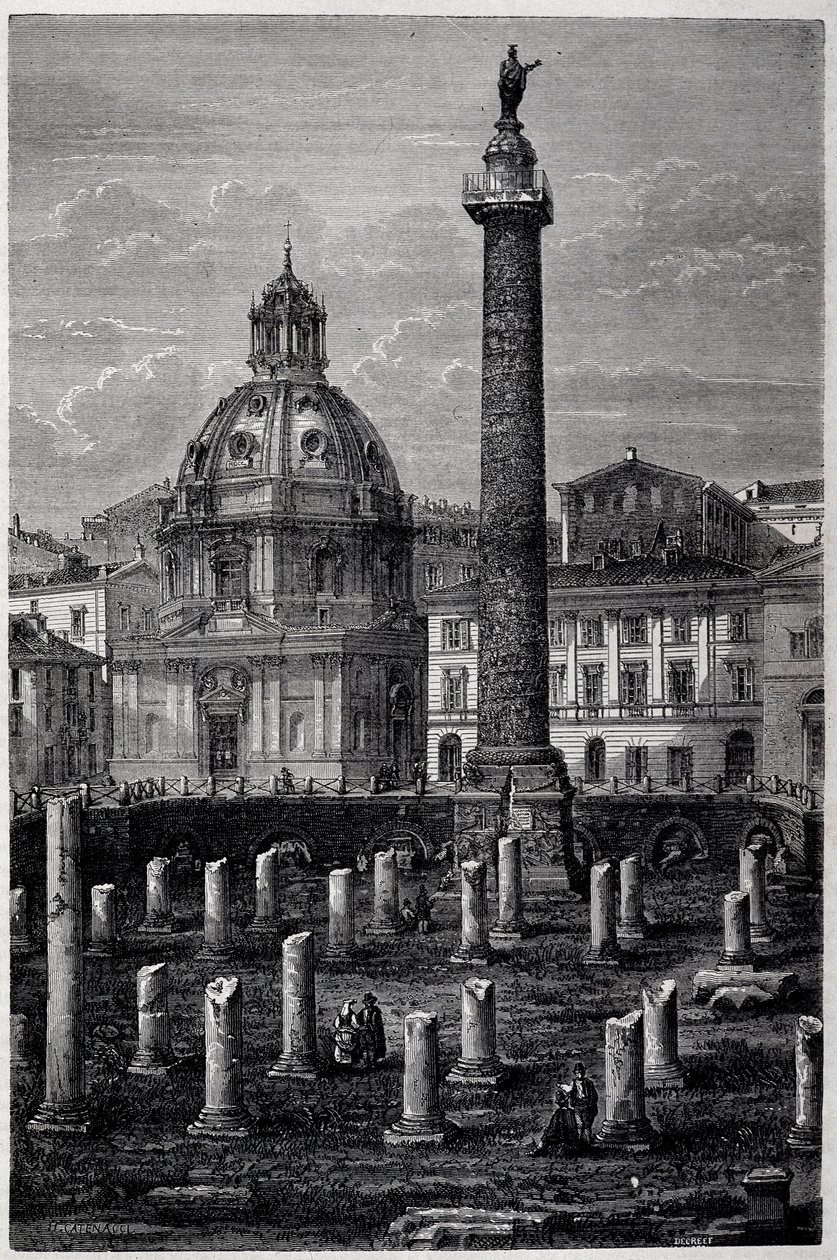 Plaza y Columna de Trajano (Columna Trajana) y Basílica Ulpiana (viaje de Francis Wey en 1864-1868) - en "Tour du Monde" 2ª semana 1869 de French School
