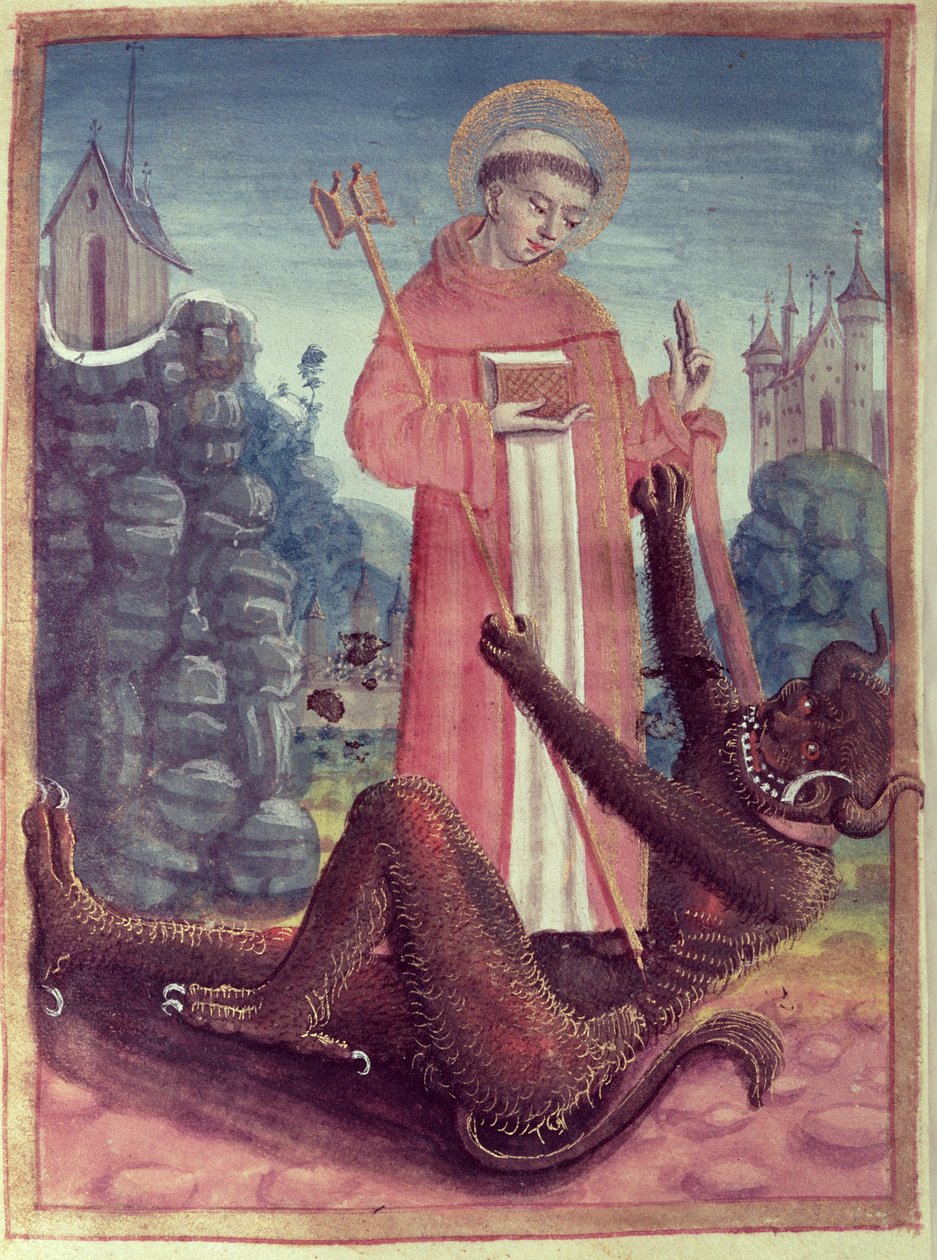 San Bernardo de Menthon (923-1008) venciendo a un demonio, de un Libro de Horas, 1490 de French School