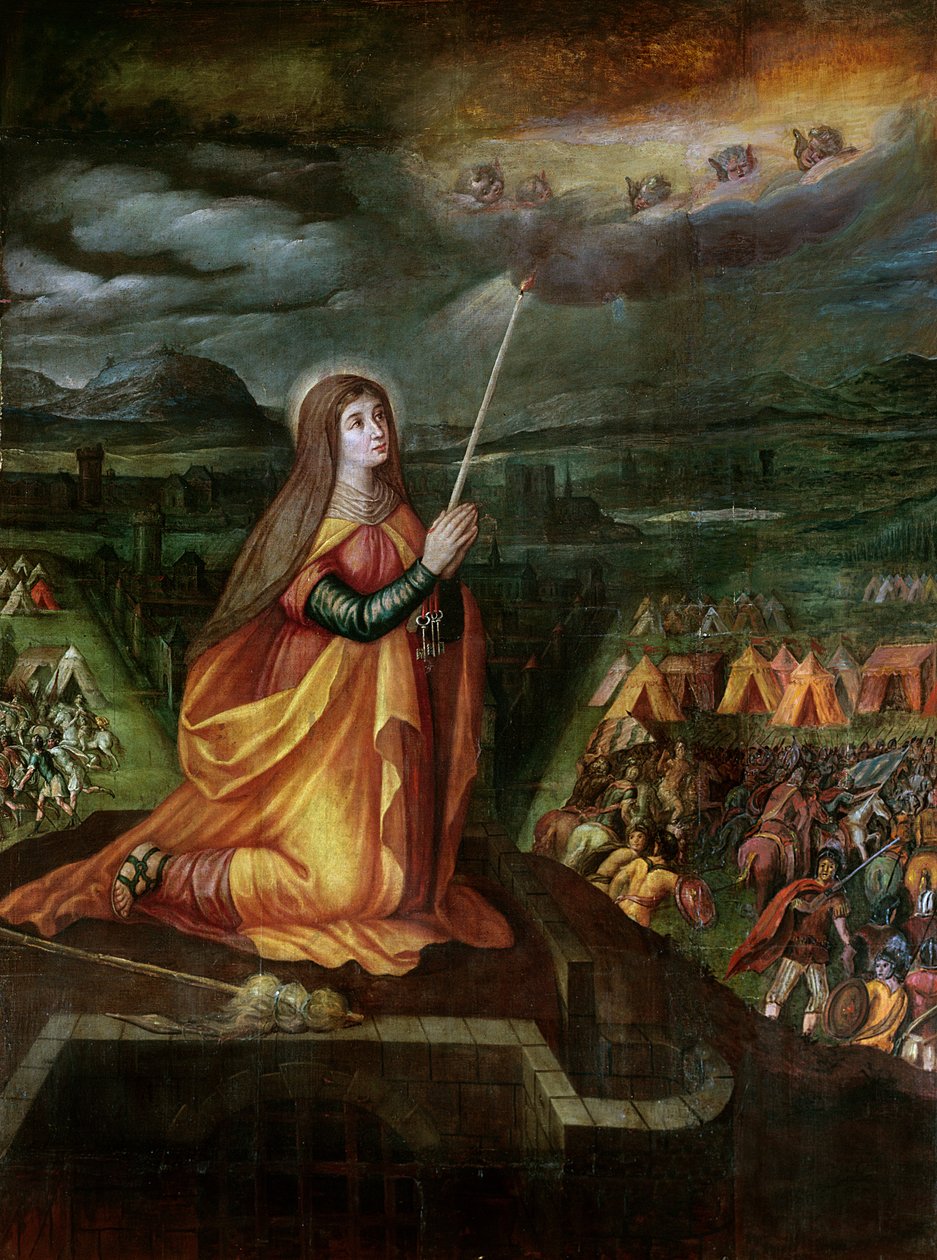 Santa Genoveva rezando para evitar la llegada de Atila y sus hunos de French School