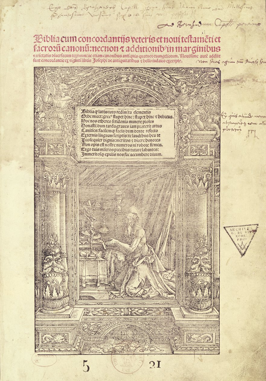 San Jerónimo en su estudio, página de título de una Biblia, impresa por J. Marion, Lyon, 1521 de French School