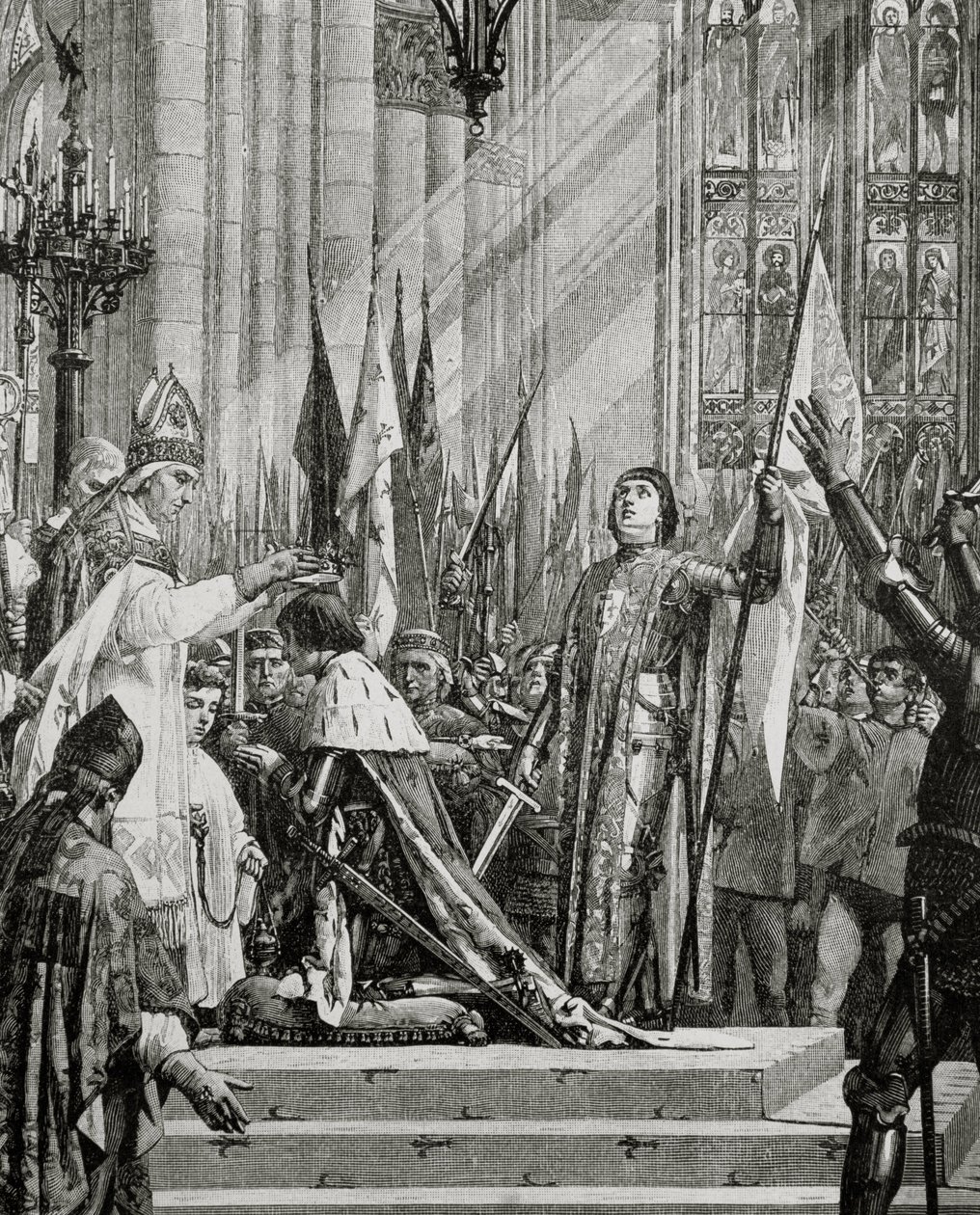 Santa Juana de Arco (1412-31) en la Coronación de Carlos VII en 1429 de French School