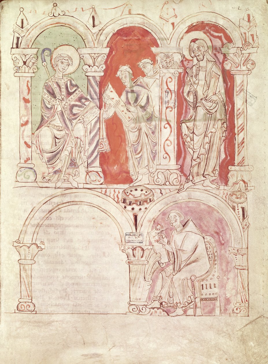 San Juan Casiano (360-c.435) escribiendo y monjes ofreciendo el libro al patrón de la abadía, de Collationes por Casiano, de la Abadía de San Amand de French School