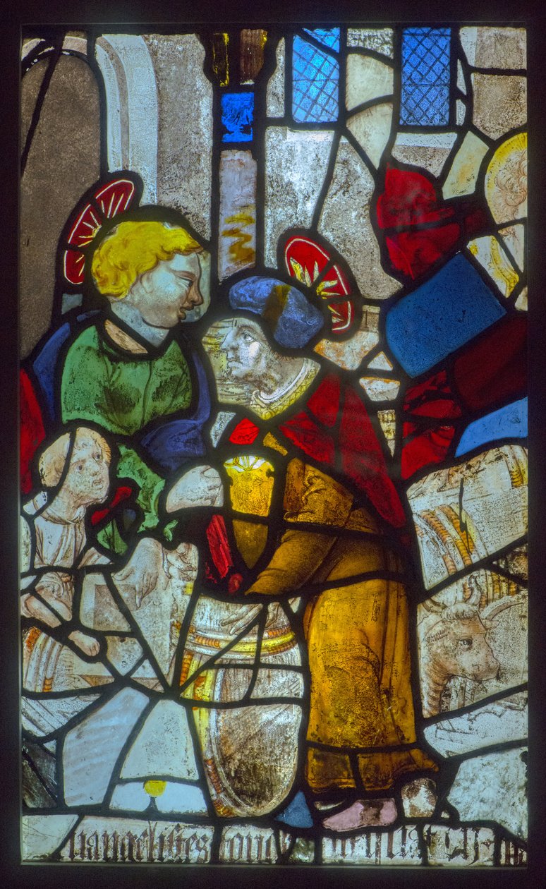 Vidriera, los evangelistas almacenando los barriles (tema de la prensa mística) de French School