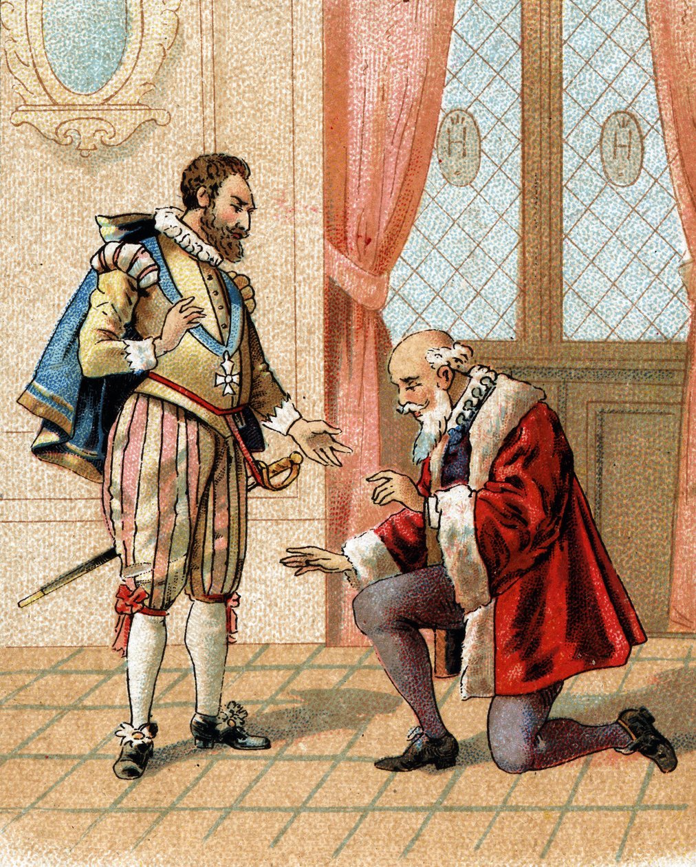 Levántate, amigo mío, tus enemigos dirán que te perdono dijo el rey Enrique IV a Maximiliano de Béthune (Duque de Sully) (1559-1641) en 1598, quien se había arrodillado después de una acalorada discusión de French School
