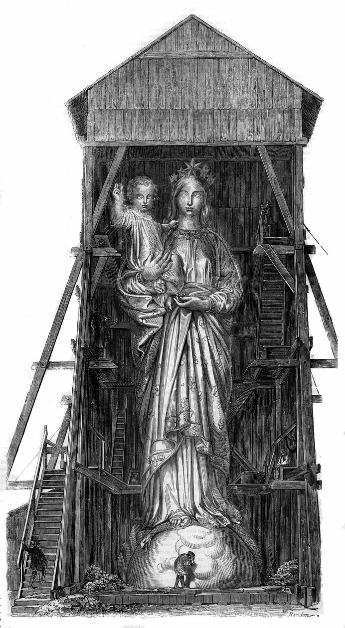 Estatua de Notre Dame de Francia en Puy en Velay (Puy-en-Velay) en Haute Loire (43): modelo de la estatua a fundir del hierro de los cañones tomados en Sebastopol. La estatua se completó en 1860 y tenía 16m de altura. De una fotografía. Grabado en 