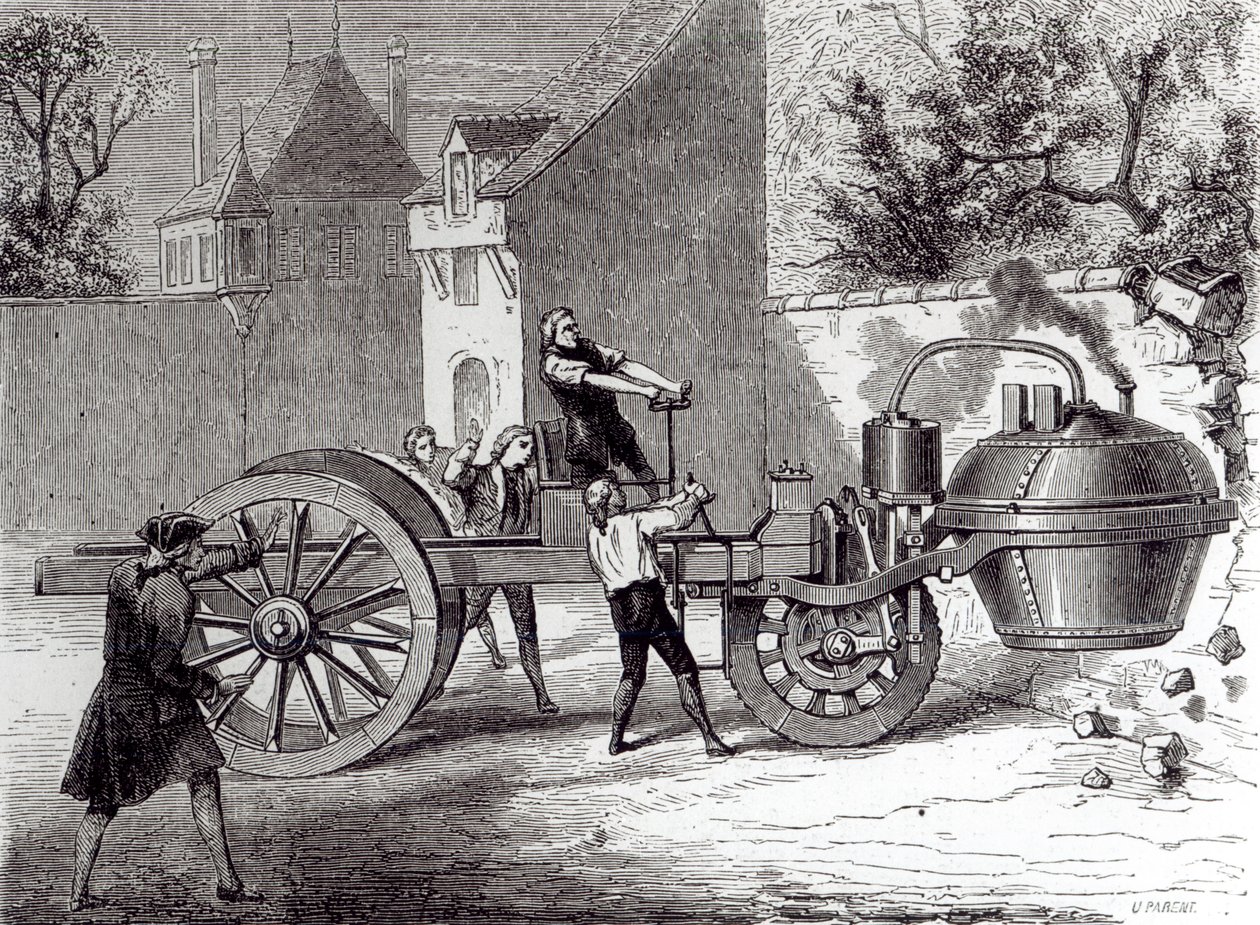 Coche a vapor inventado por Nicolas Joseph Cugnot (1725-1804) en 1771, 1886 de French School