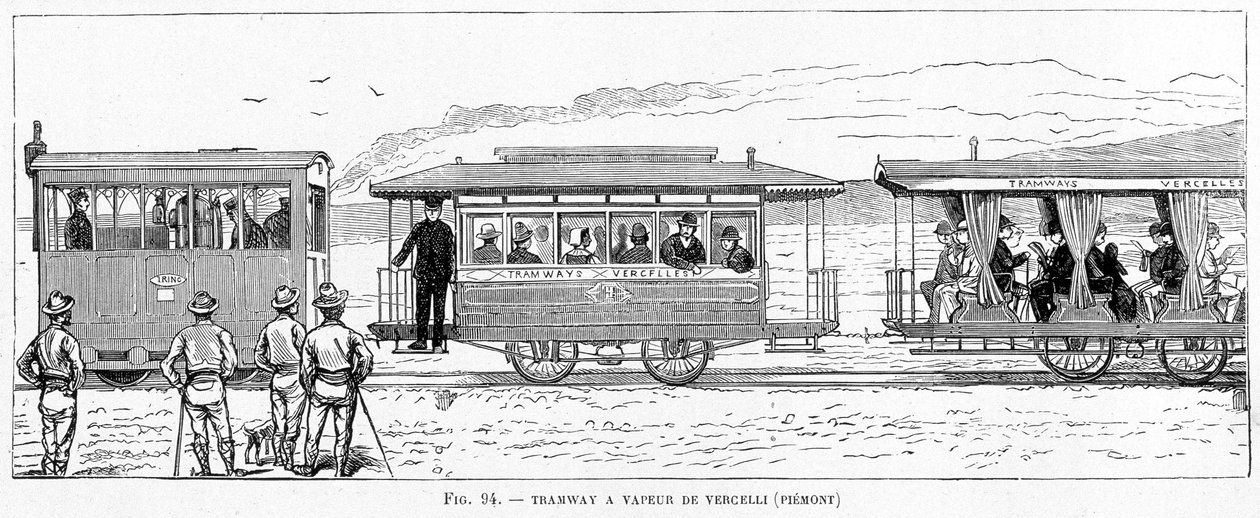 Tranvía de vapor de Vercelli (Piamonte) - en "Las nuevas conquistas de la ciencia" de Louis Figuier de French School
