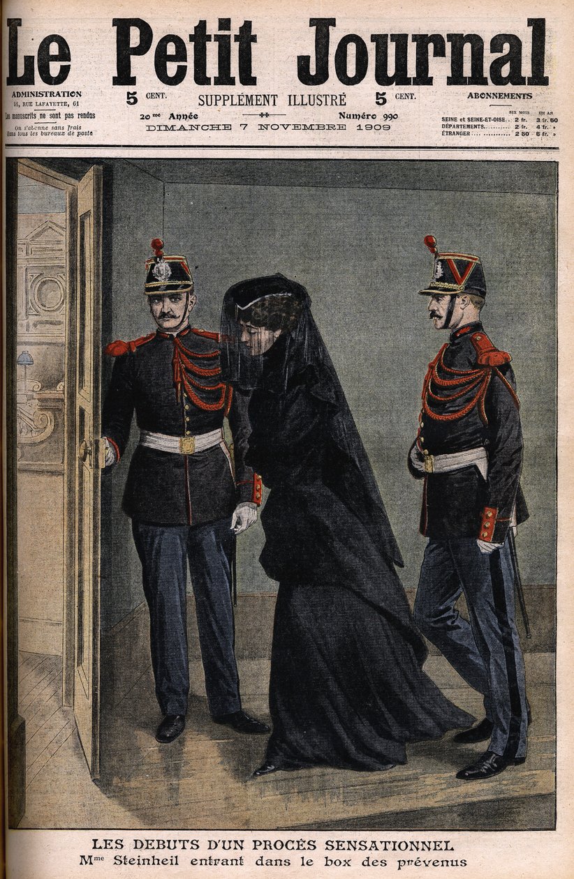 Caso Steinheil: Marguerite Steinheil (1869-1954) entrando en el banquillo de los acusados - Le Petit Journal, 7 de noviembre de French School