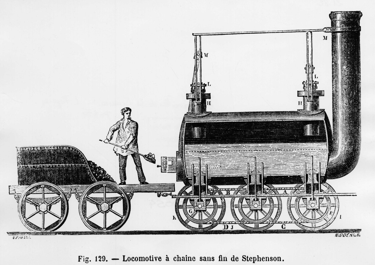 Locomotora de Cadena Infinita de Stephenson - en "Las Maravillas de la Ciencia", por L. Figuier de French School