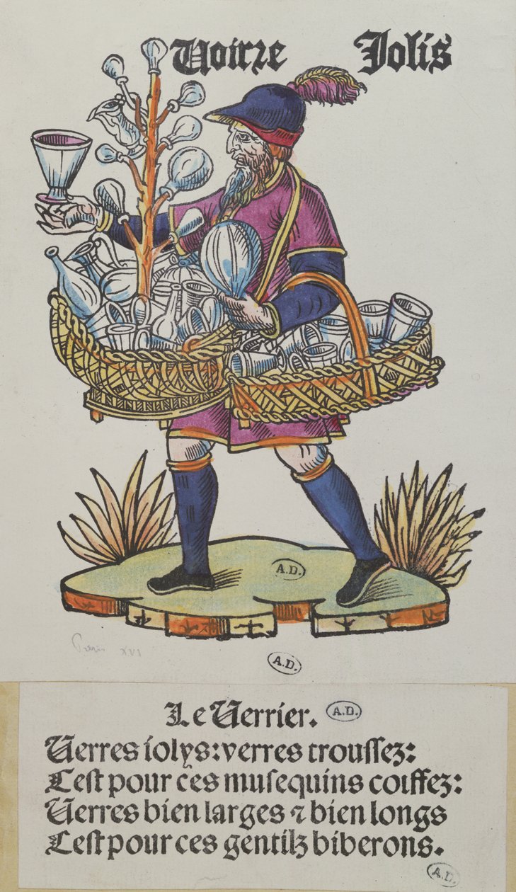 Vendedor ambulante de cristalería, de Cris de Paris, c.1515 (grabado en madera coloreado) de French School