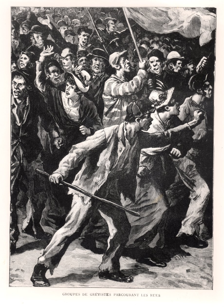 Huelguistas manifestándose en las calles de Chicago durante los disturbios de Pullman de 1894 de French School