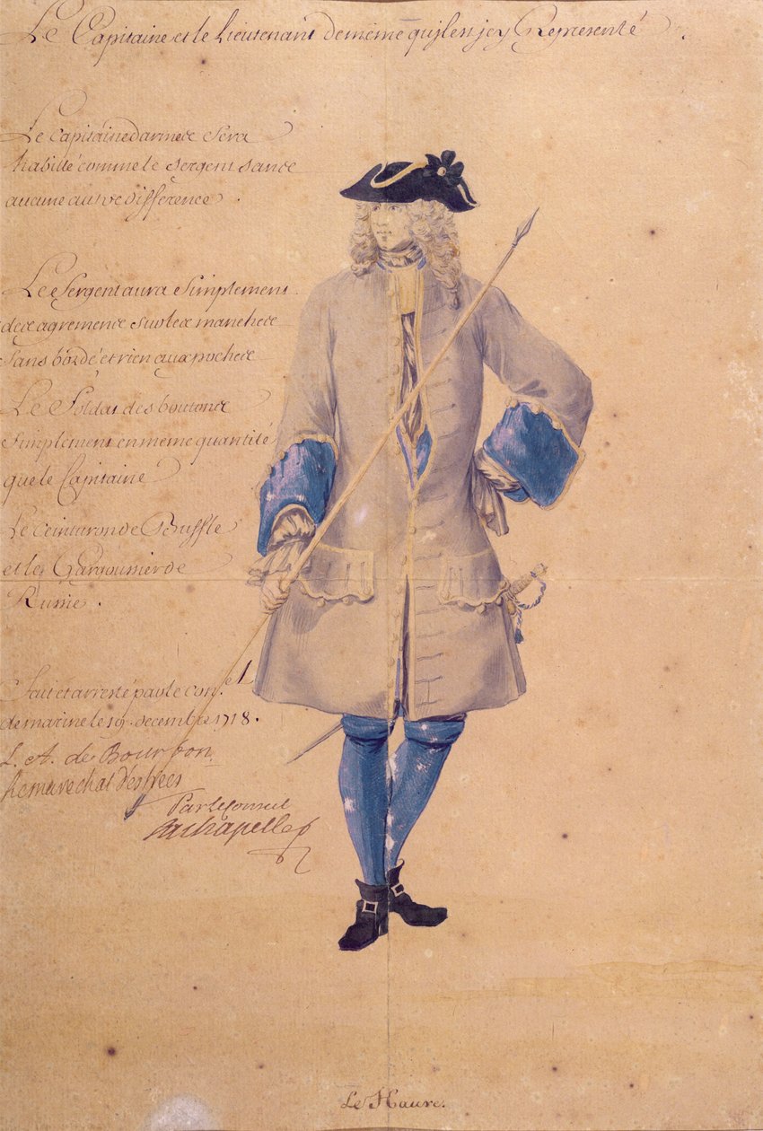 Estudio del uniforme de un marino estacionado en Le Havre, 1718 de French School