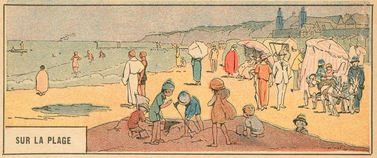 Sur La Plage (litografía en color) de French School