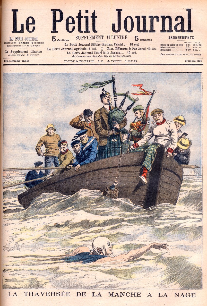 Nadando el Canal de la Mancha. El inglés Jabez Wolffe haciendo el primero de sus 22 intentos fallidos de cruzar a nado el Canal. La travesía del canal a nado por Jabez Wolffe (1877-1943) - Ilustración para Le Petit Journal de French School